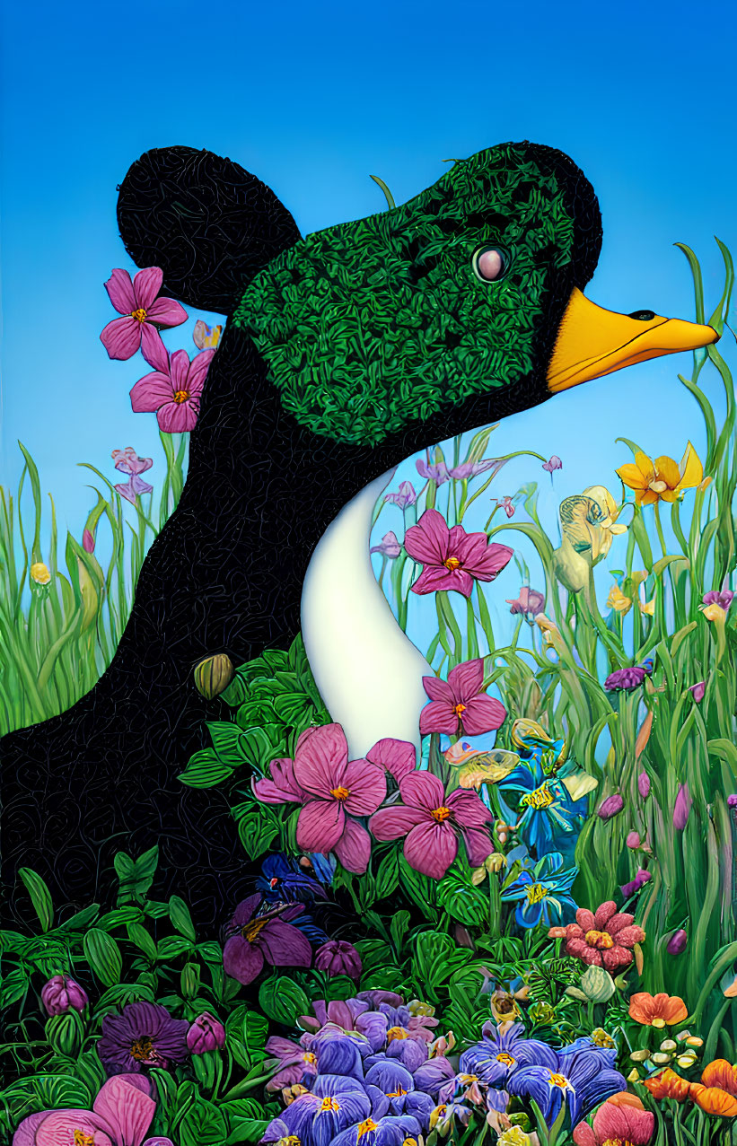 Colorful Flowers Surround Large Black Duck with Yellow Beak