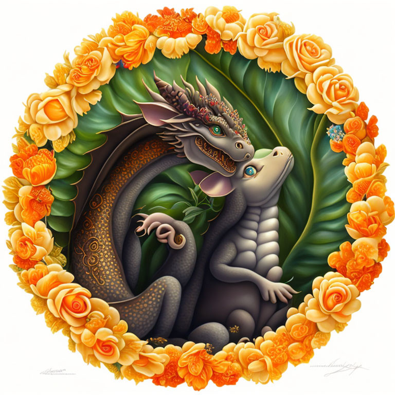 Interwoven Dragons with Orange Roses and Heart Symbolism