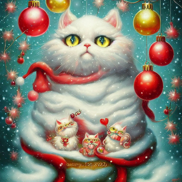 Whimsical painting of fluffy white cat in Santa hat surrounded by Christmas ornaments