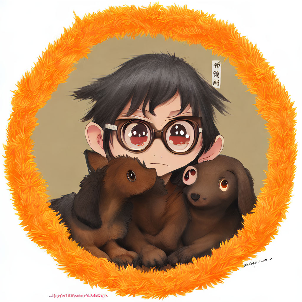 Young boy with messy hair and glasses surrounded by orange floral border, accompanied by two brown puppies.