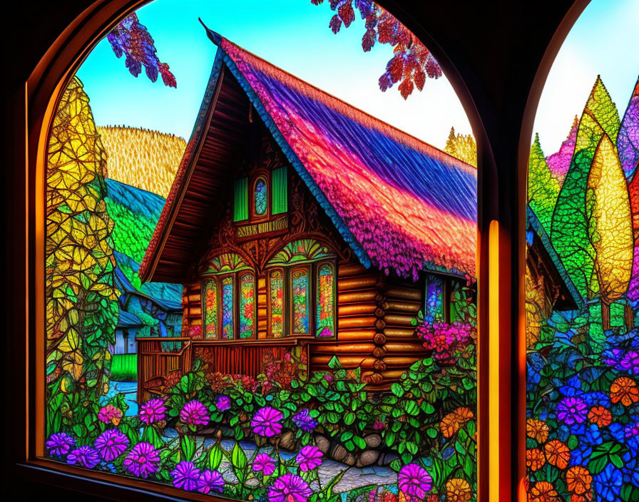 Colorful Stained Glass Window of Traditional House in Twilight