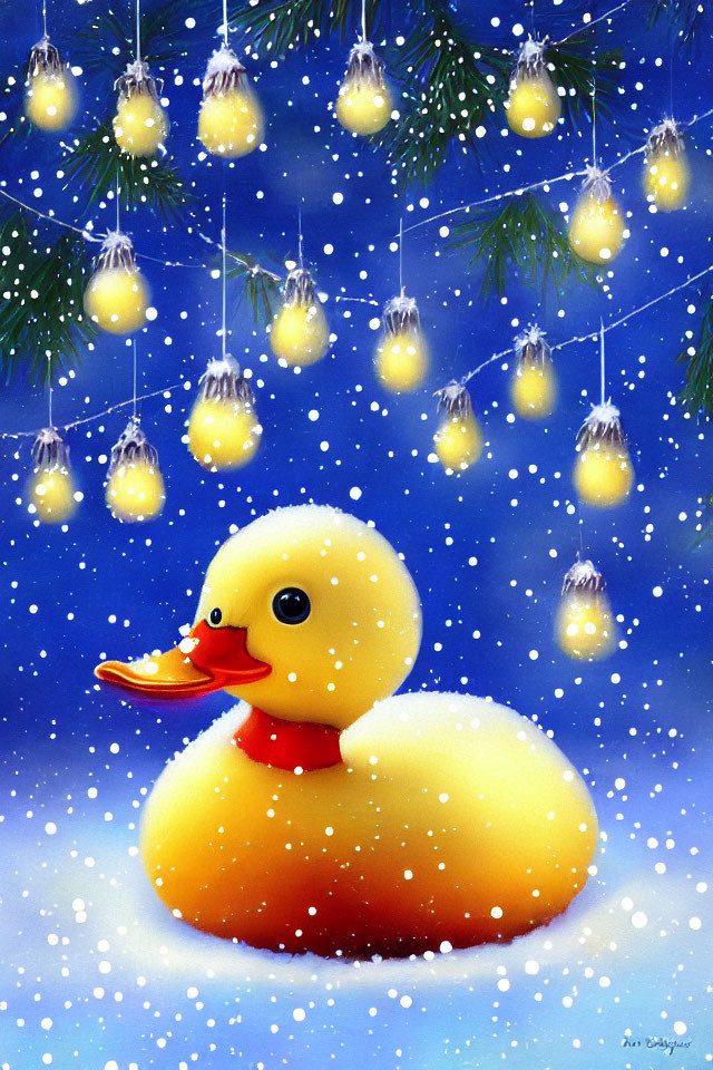 Rubber Duck with Red Scarf in Snowy Scene with Twinkling Lights