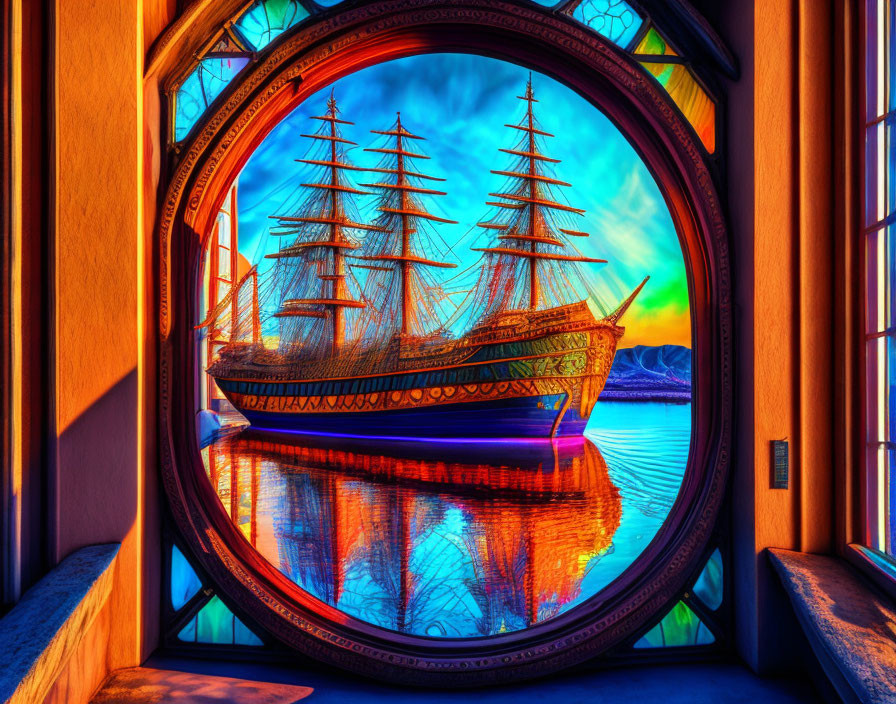 Circular Stained Glass Window: Ship on Sea with Sunset or Sunrise View