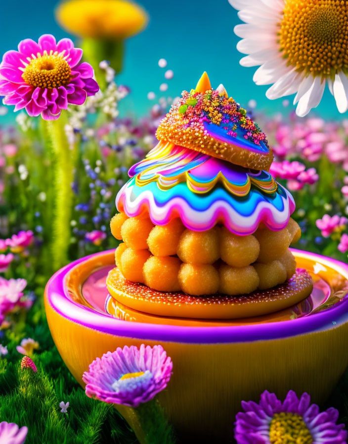 Colorful Whimsical Dessert Artwork with Flowers on Blue Sky Background