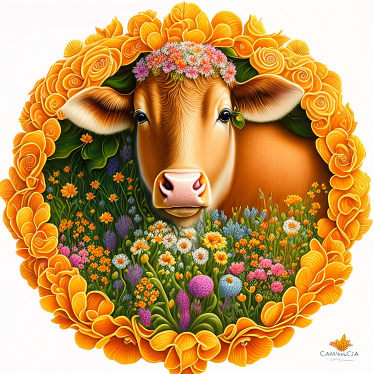 Colorful Cow Illustration Surrounded by Floral Frame