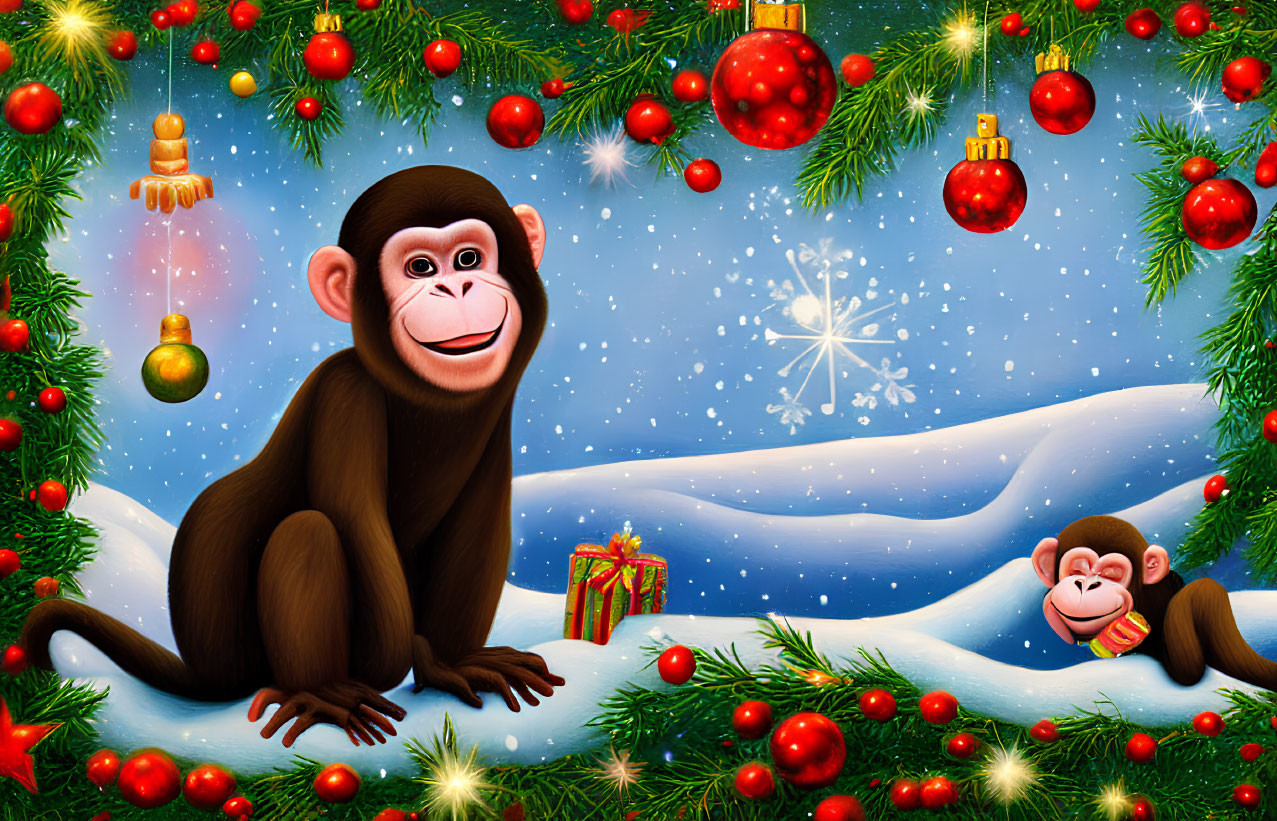 Cartoon monkeys in festive Christmas scene with snowfall and gifts