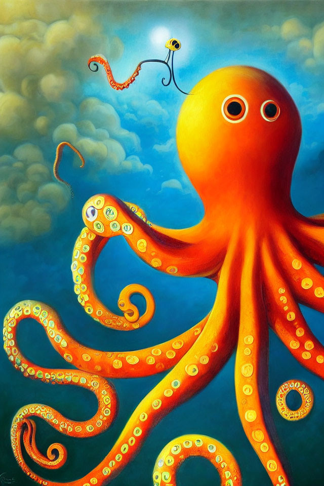 Colorful Painting of Large Orange Octopus with Swirling Tentacles and Kite