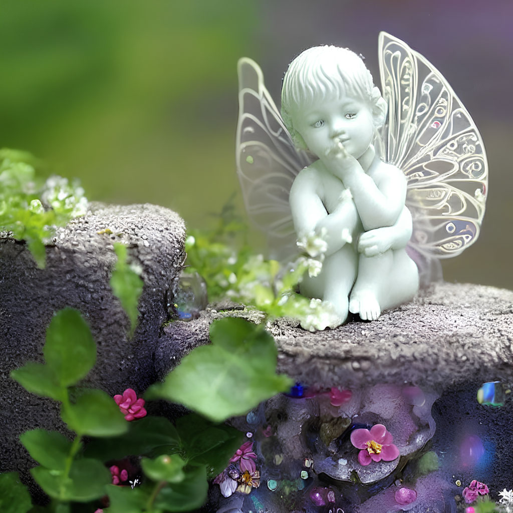 Translucent-winged fairy figurine on rock in lush greenery