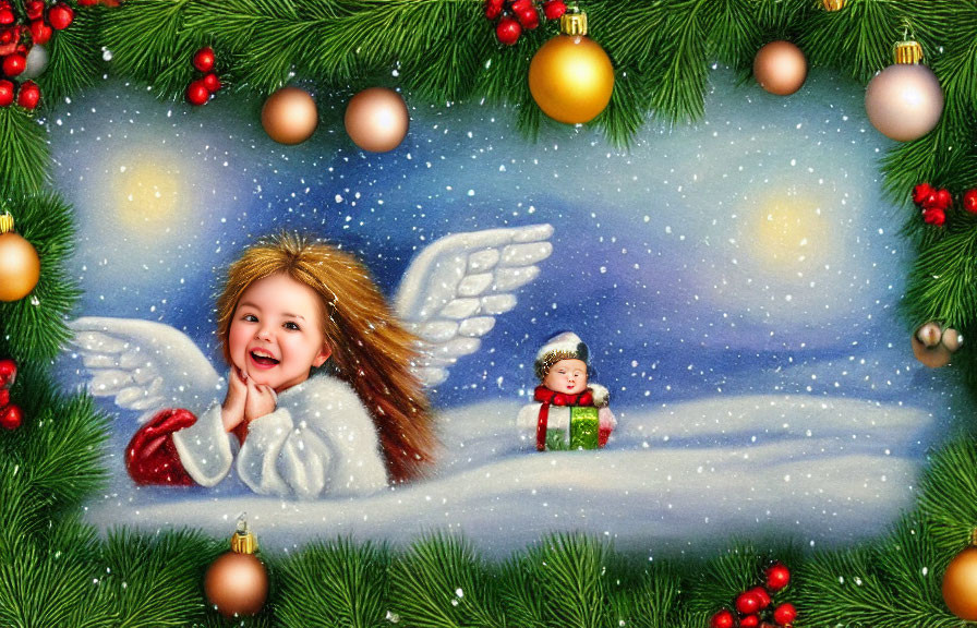 Joyful angel child in snowy Christmas scene with greenery and ornaments.