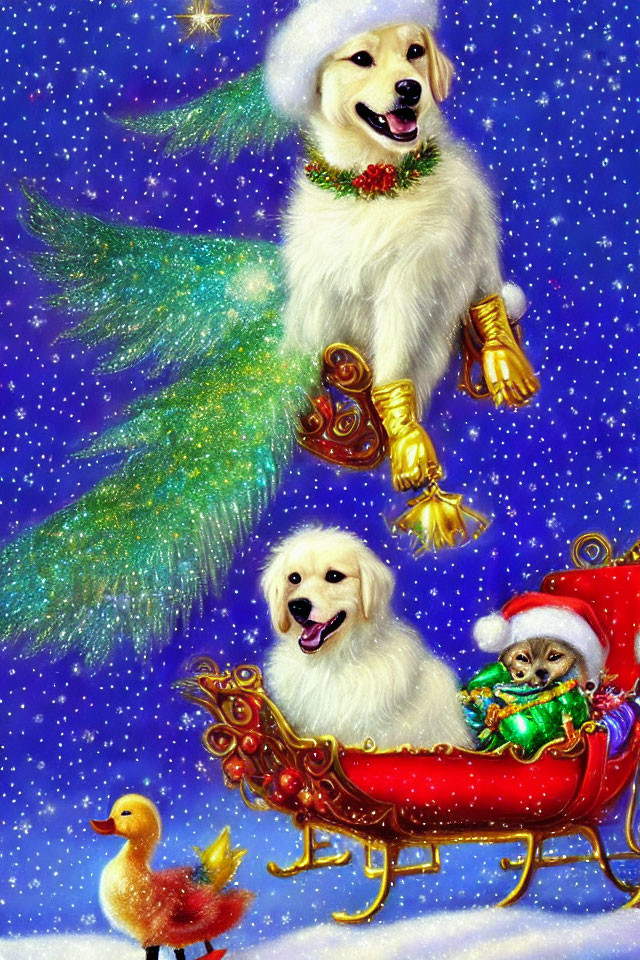 Three festive dogs with wings and sleigh in snowy scene