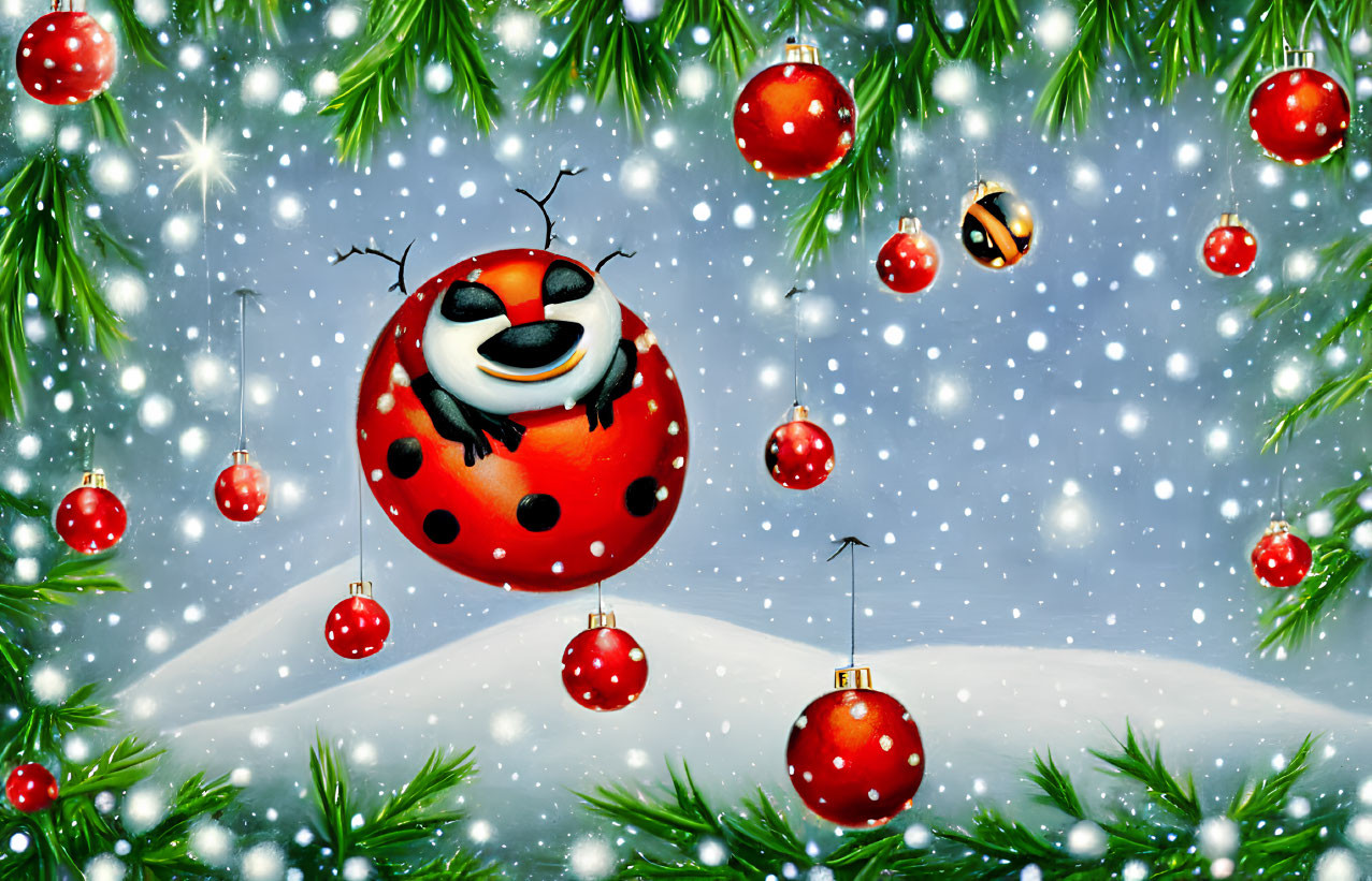 Snowman with reindeer antlers in ladybug shell among Christmas ornaments and snowflakes