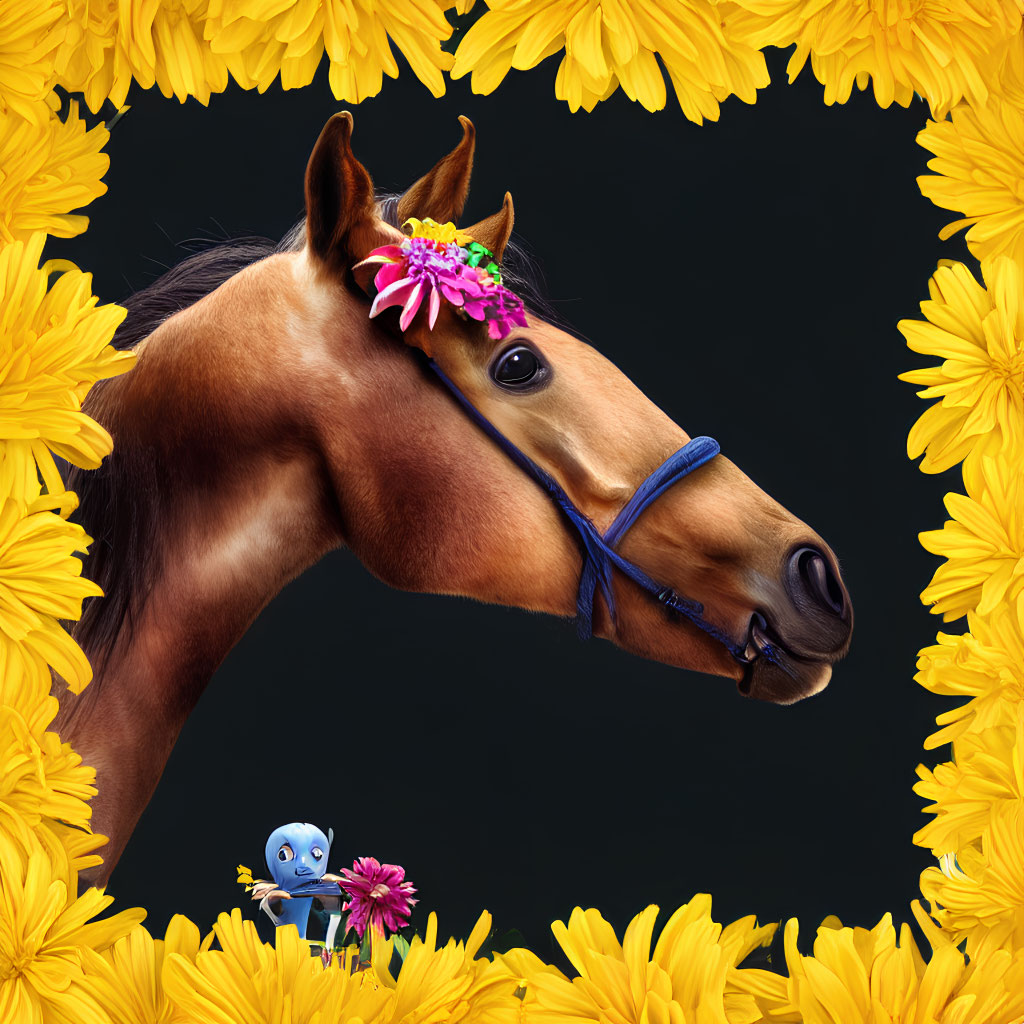 Floral Horse Portrait with Yellow Frame and Animated Character