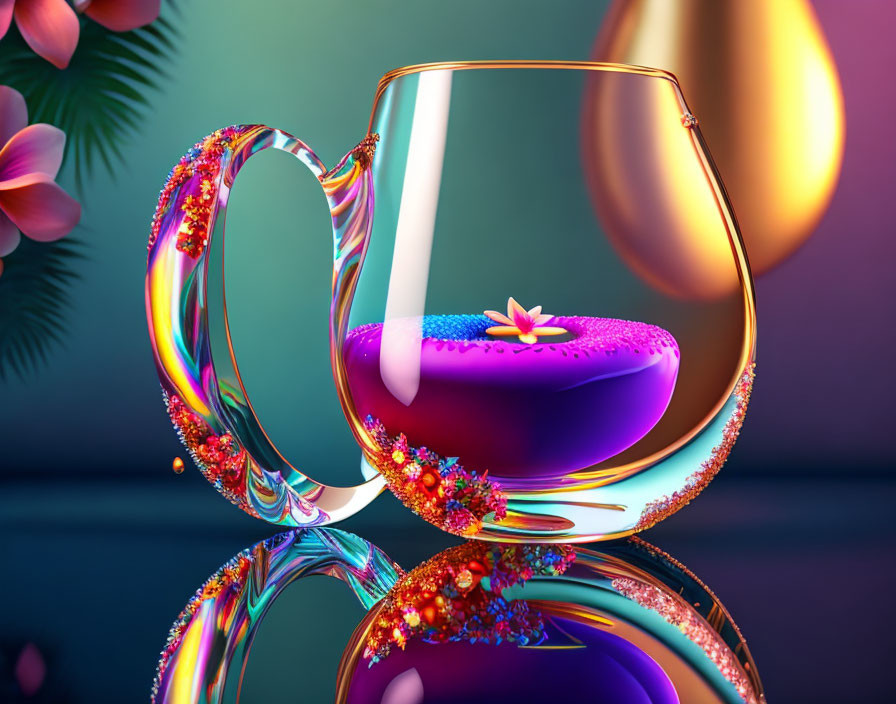 Colorful Glass with Ornate Handle and Purple Flower-like Object on Reflective Surface