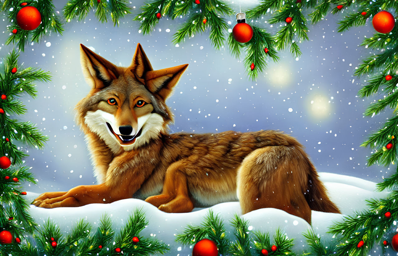 Smiling wolf in snow with Christmas tree branches and red baubles