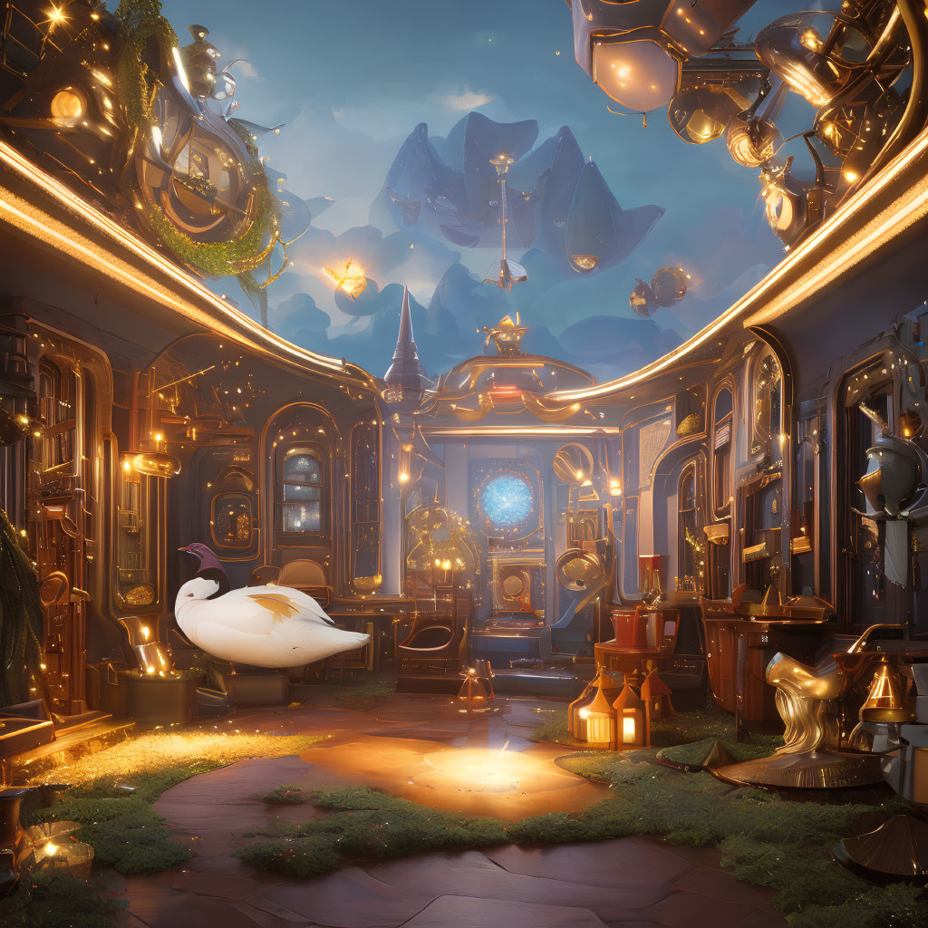 Whimsical room with floating books, glowing orbs, swan, ornate doors, celestial sphere