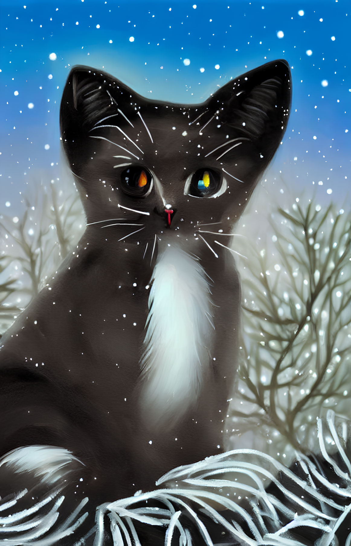 Monochromatic cat with amber and green eyes in snowy landscape