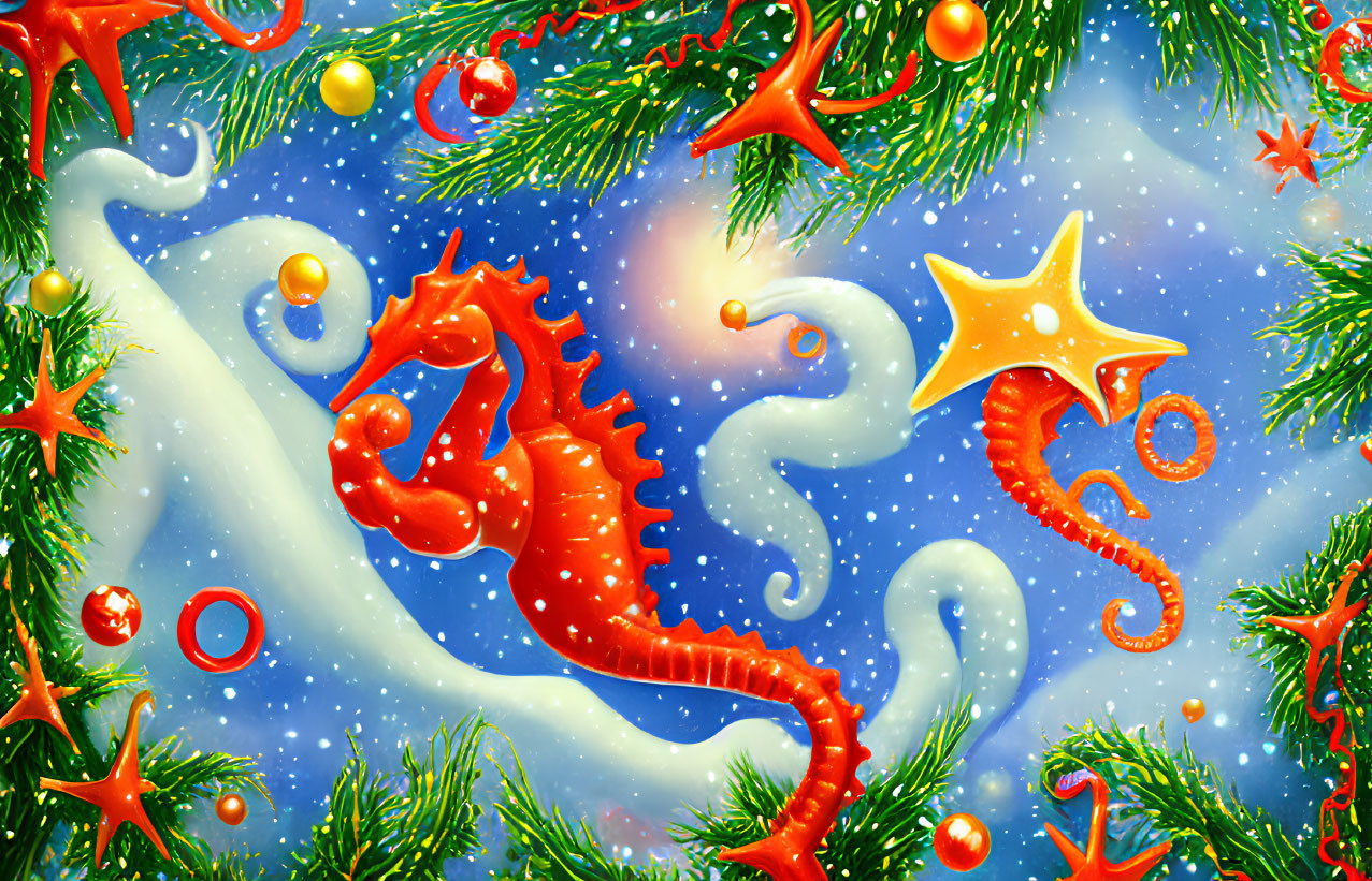 Festive orange and white seahorses with Christmas decorations in snowy scene