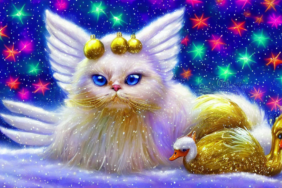 Whimsical artwork: Fluffy white cat with golden crowns merges with golden swan on star