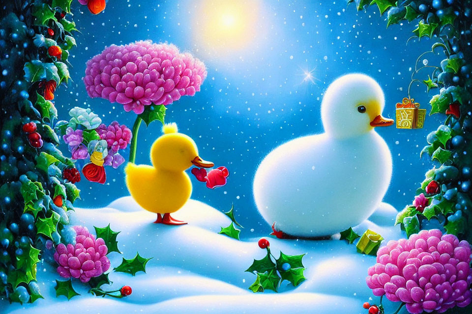 Whimsical winter scene with snow duck, yellow duck, flowers, berries, snowflakes.