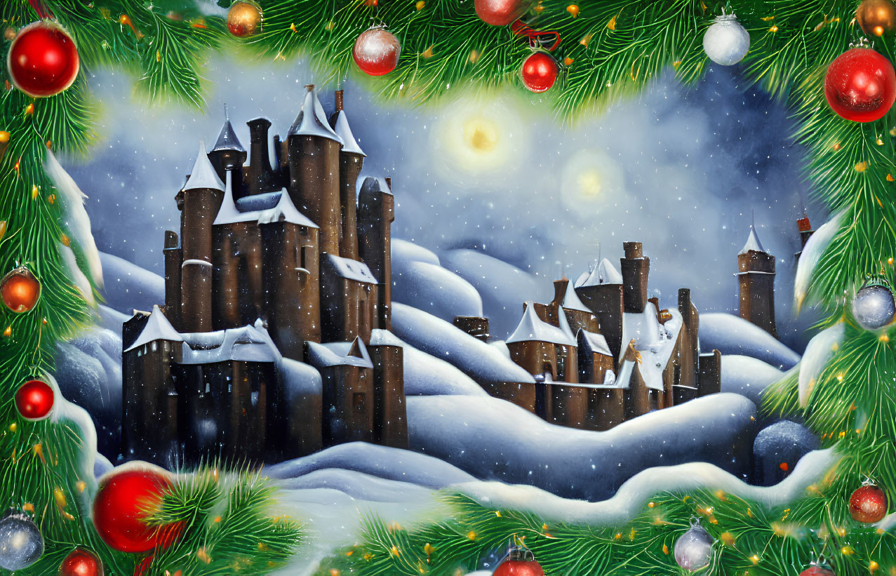 Snow-covered castle surrounded by festive pine branches and red baubles.