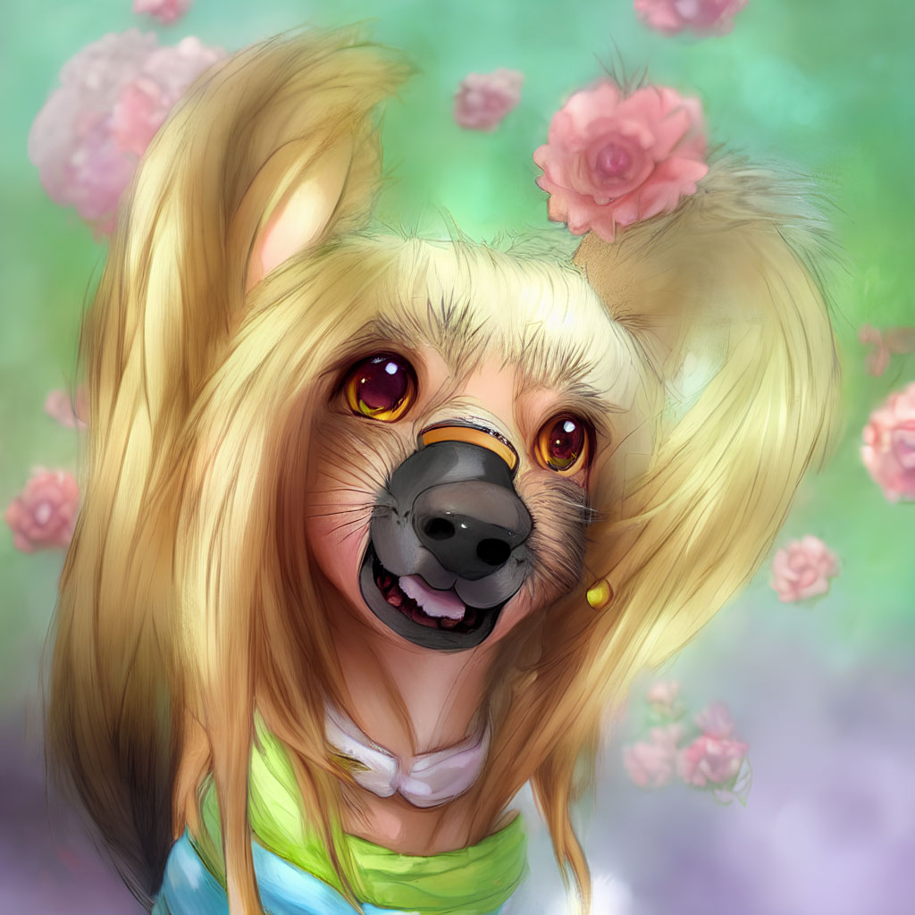 Anthropomorphic golden retriever with brown eyes and scarf in pink flower setting