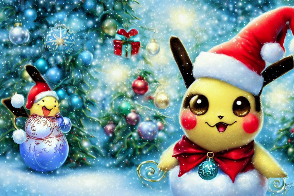 Festive Pikachu and Pichu in snowy winter scene