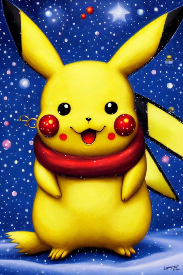 Cheerful Pikachu with red scarf in snowy scene