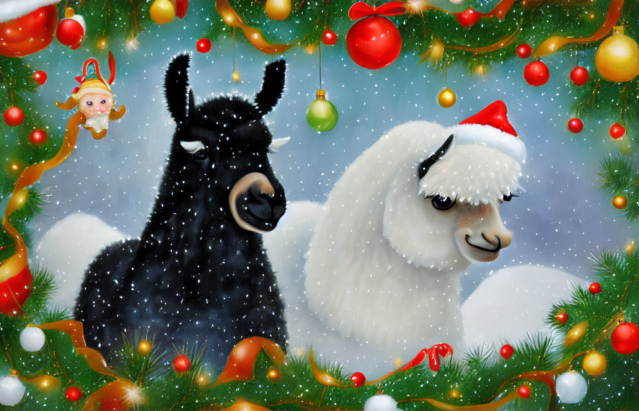 Black llama and white alpaca in Santa hats with Christmas decorations and snow