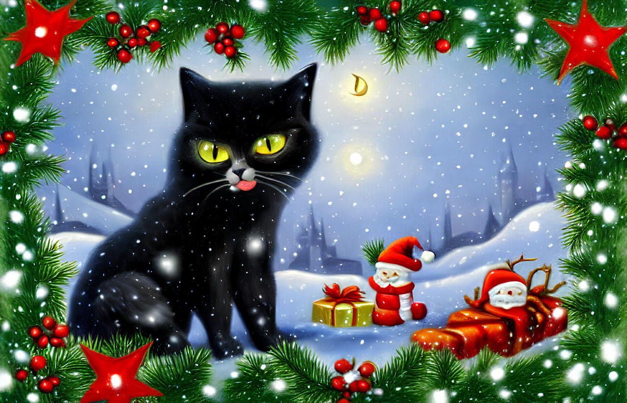 Black cat with green eyes in Christmas scene with snowfall, holly, decorations.