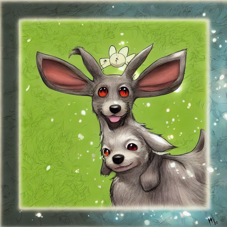 Illustration of two anthropomorphic dogs with red eyes and a bee on one's head