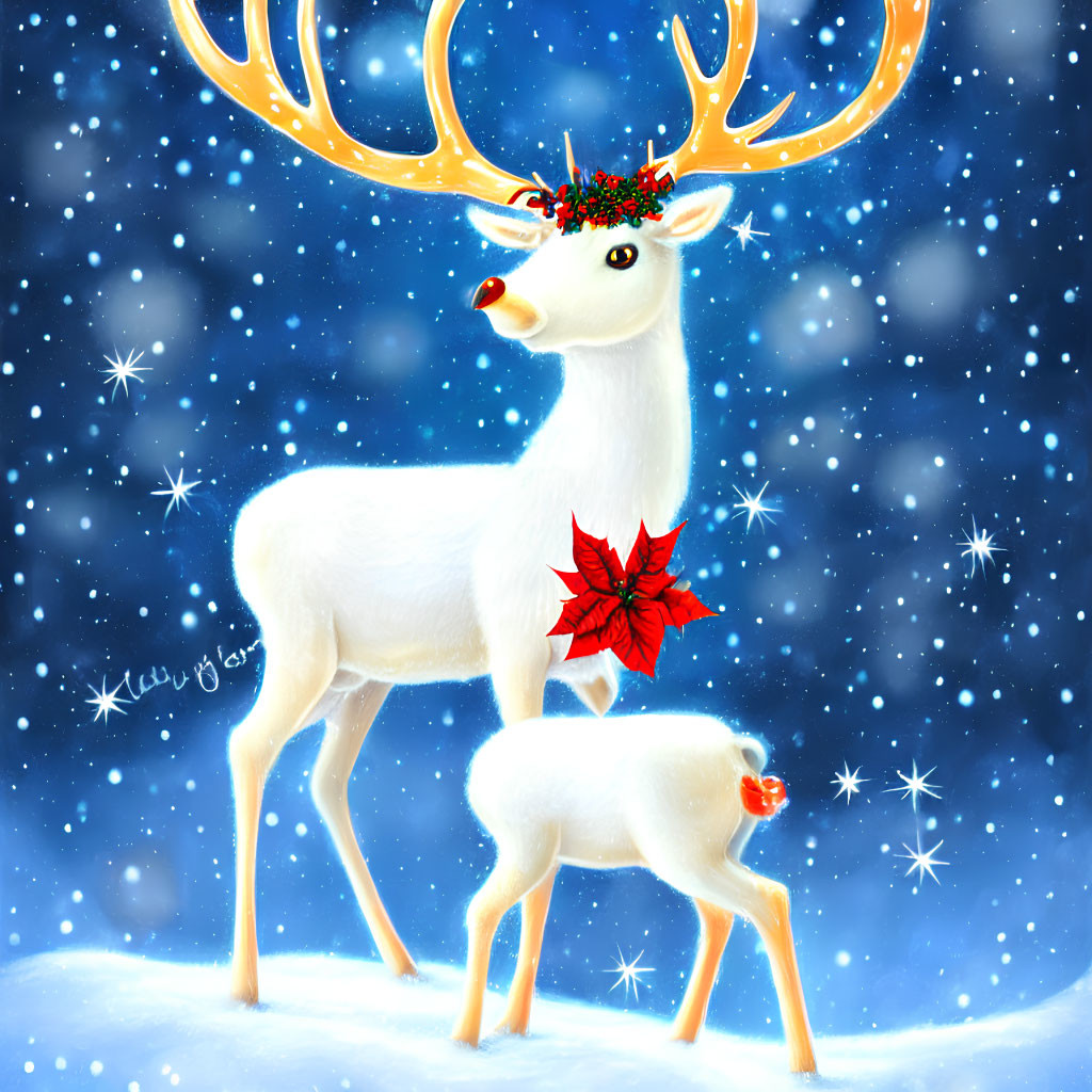 Illustration of adult white reindeer with glowing antlers and holly, next to small reindeer