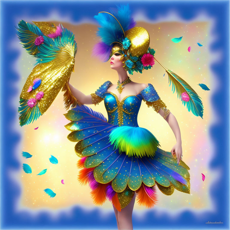 Colorful Carnival Costume Illustration with Feathers and Mask