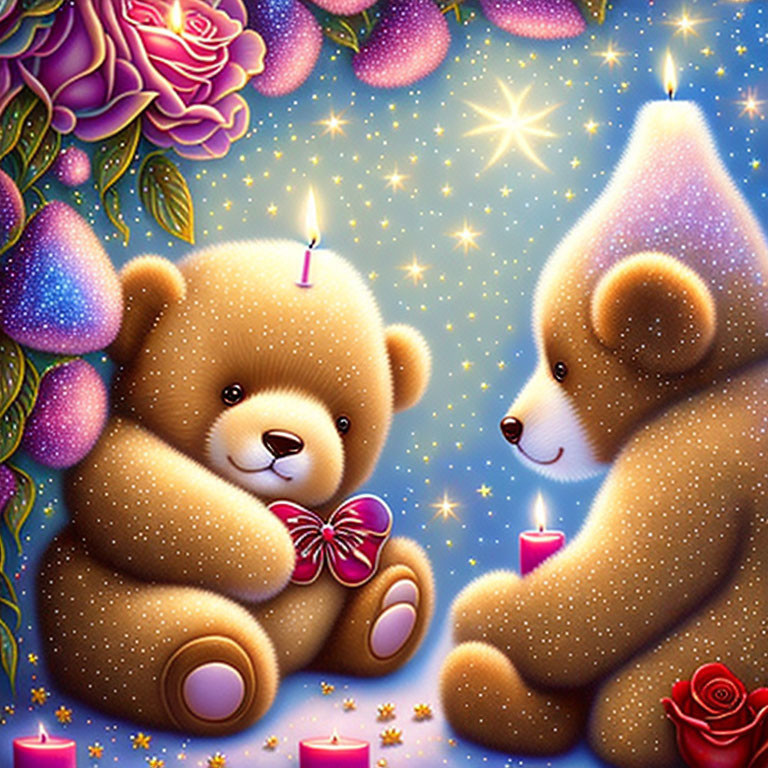 Plush Teddy Bears with Pink Rose and Candles on Blue Background