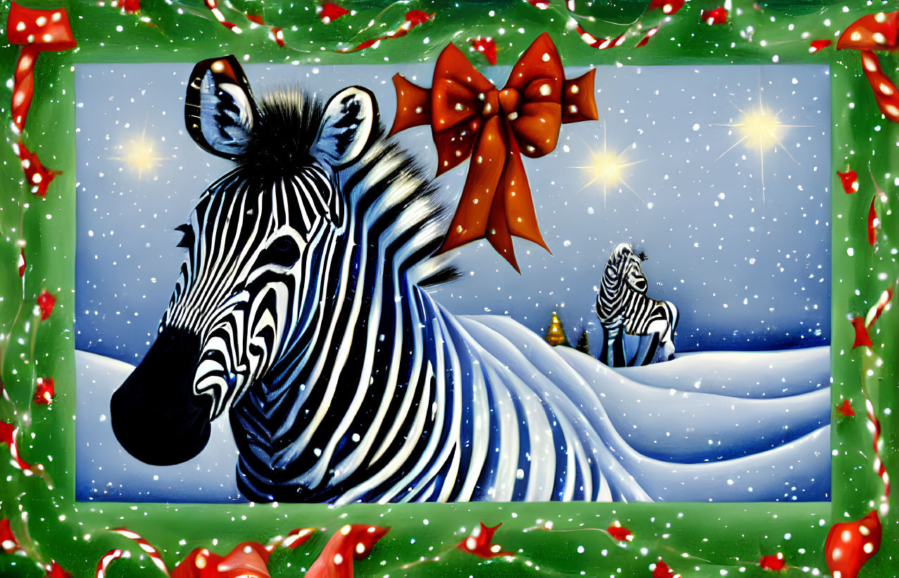 Zebras in snowy landscape with holly border & stars