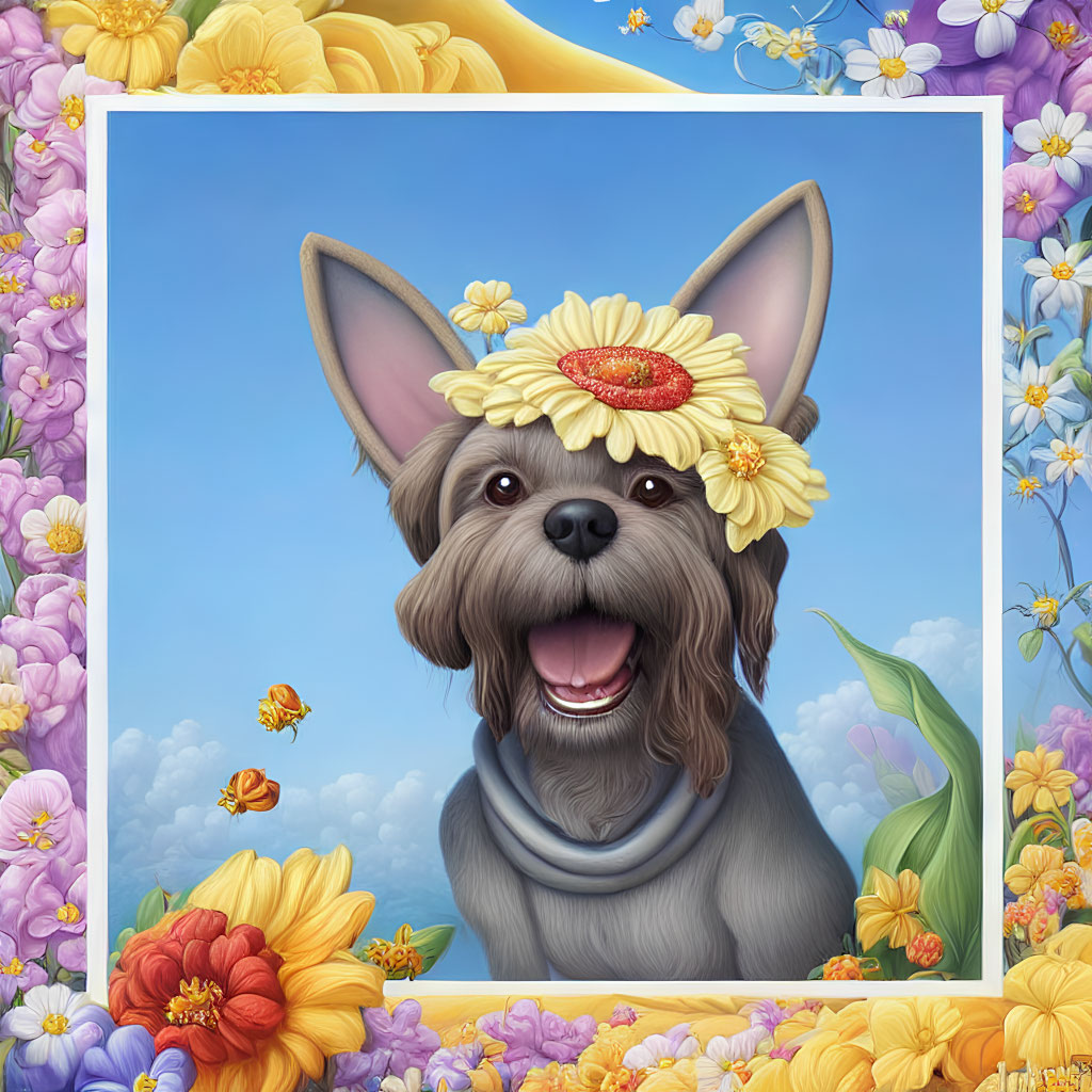 Colorful dog illustration with flower headband in vibrant garden scene