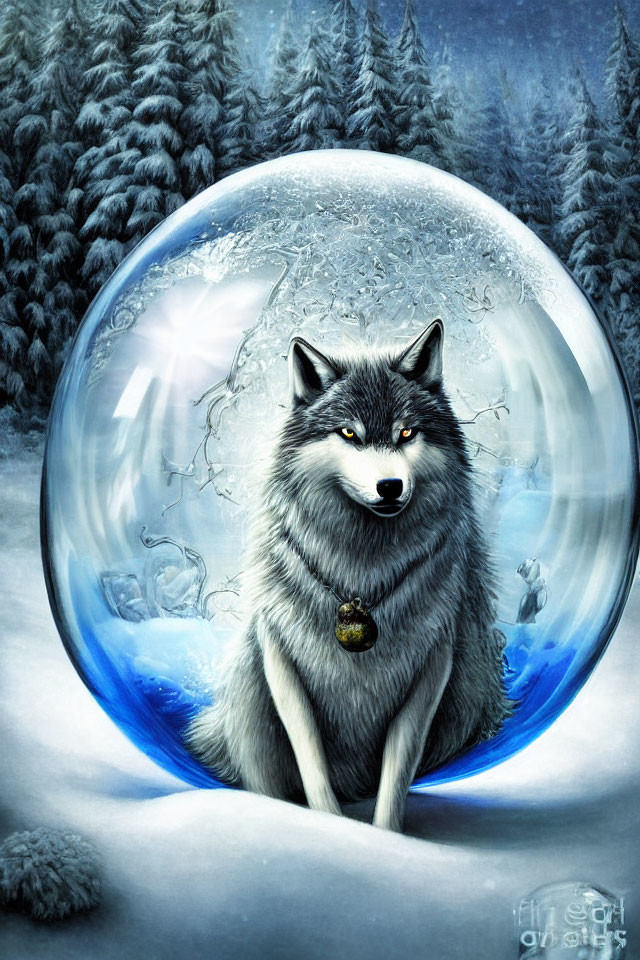 Majestic wolf in translucent bubble in snowy forest landscape