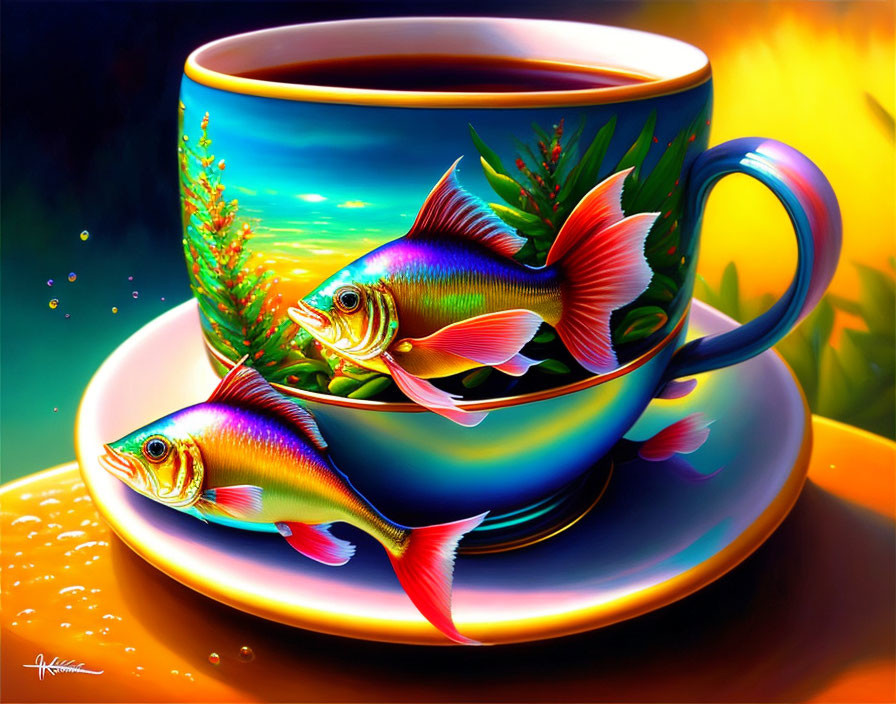 Colorful Fish Artwork with Teal Cup and Plant Elements on Warm Background