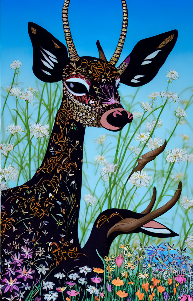 Stylized deer illustration on blue backdrop with floral patterns