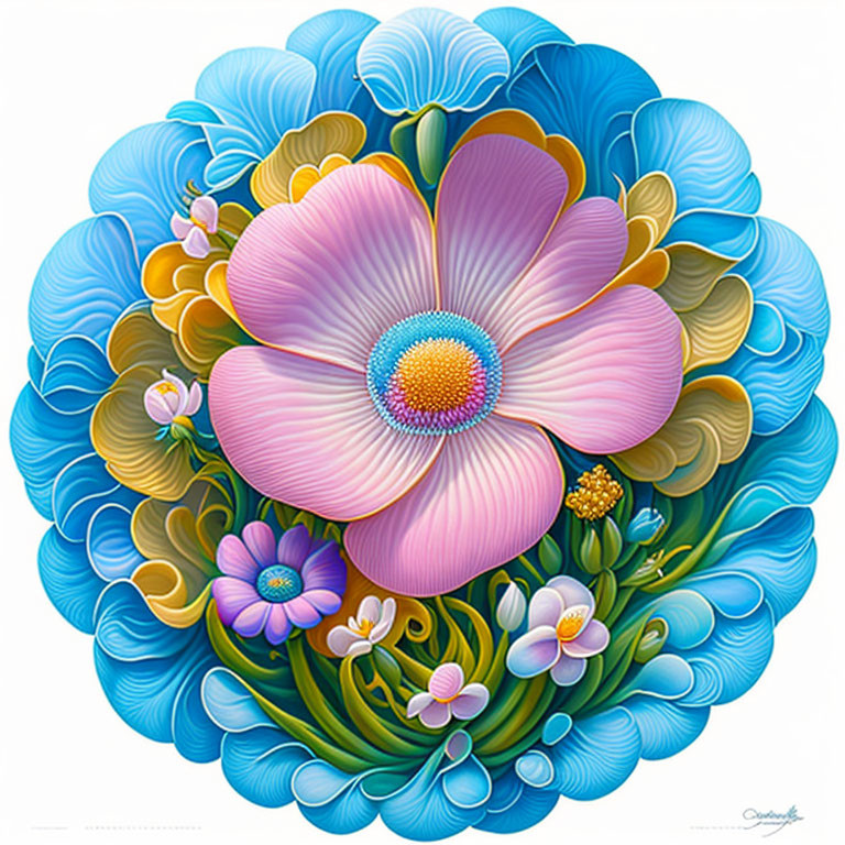 Colorful Stylized Flowers Illustration in Blue and Pink