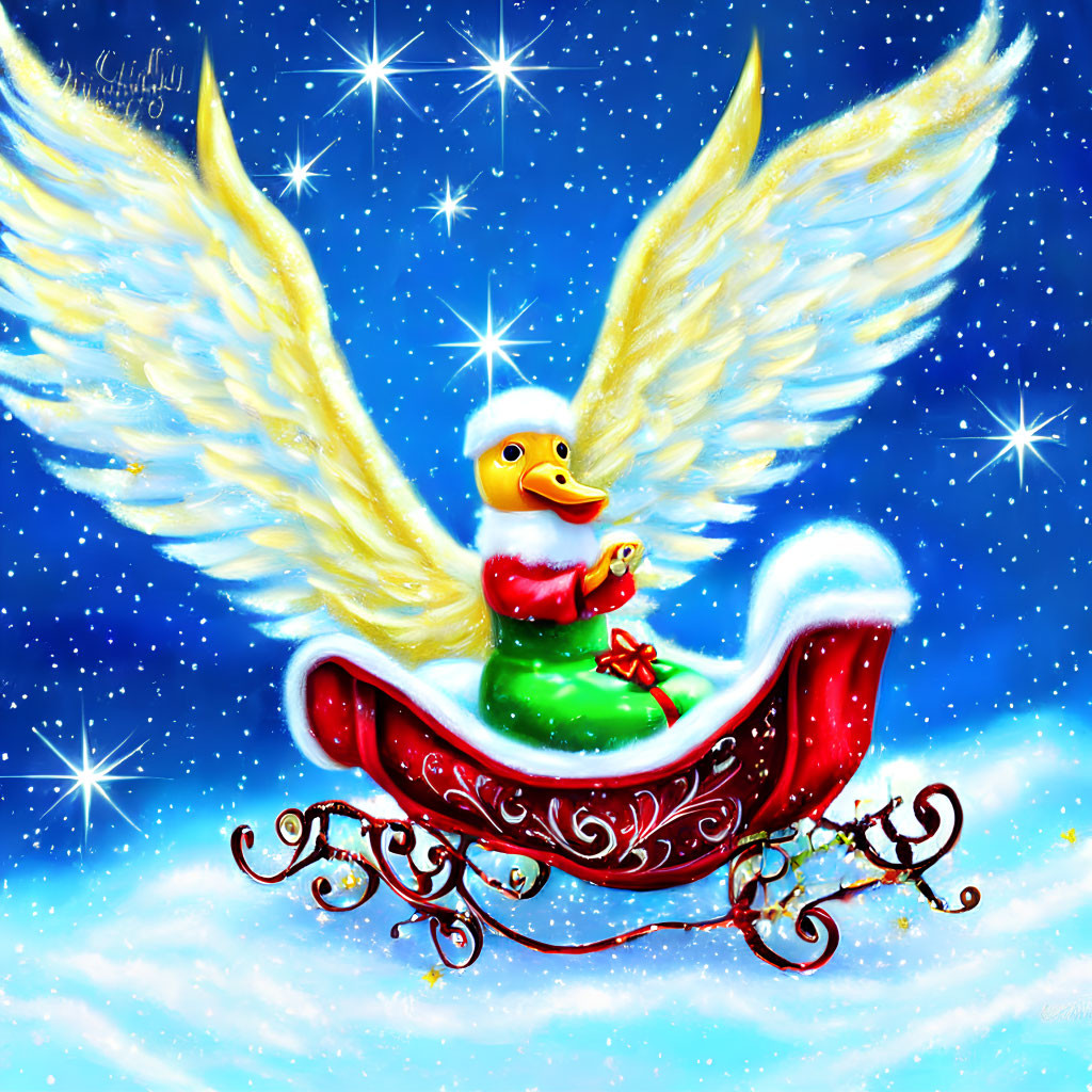 Yellow duck with angel wings in Santa outfit on red sleigh in snowy sky