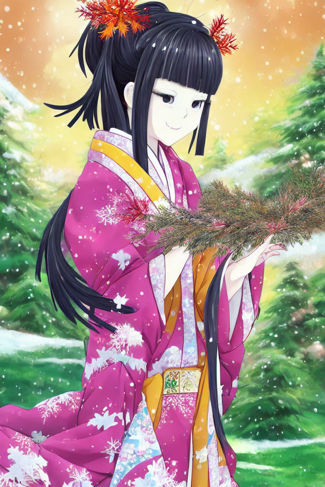 Vibrant pink kimono girl with pine branch in snowy scenery