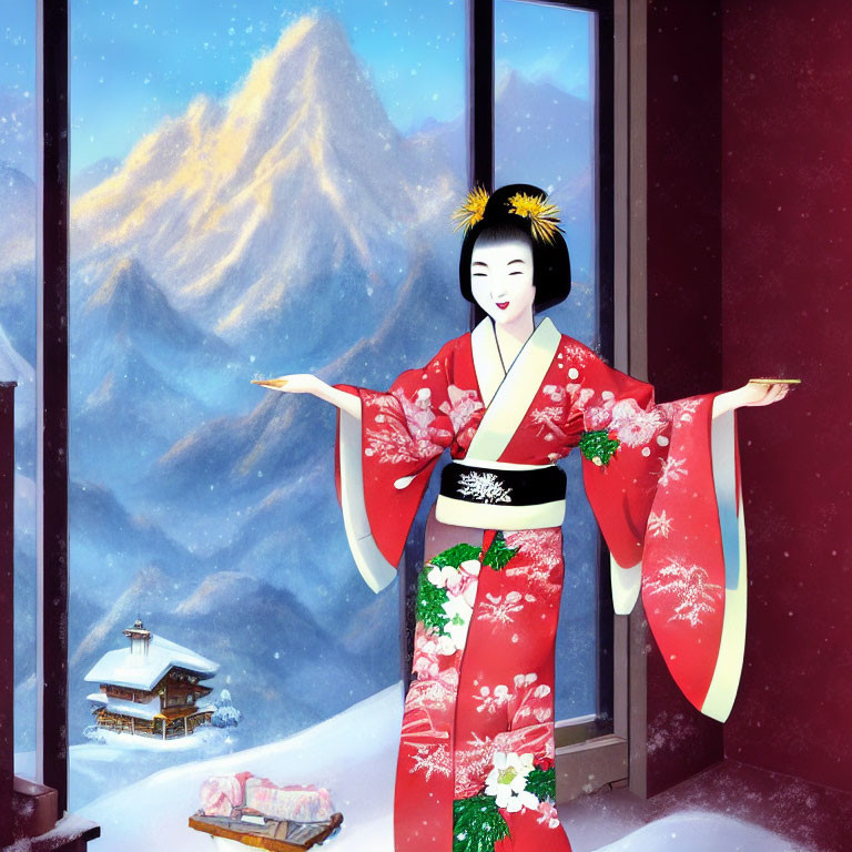 Red kimono animated character admires snowy mountain landscape with traditional house and sled