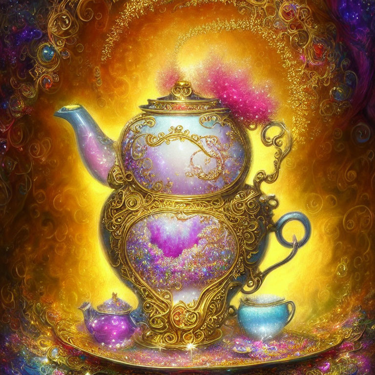 Colorful Teapot with Intricate Designs on Vibrant Background