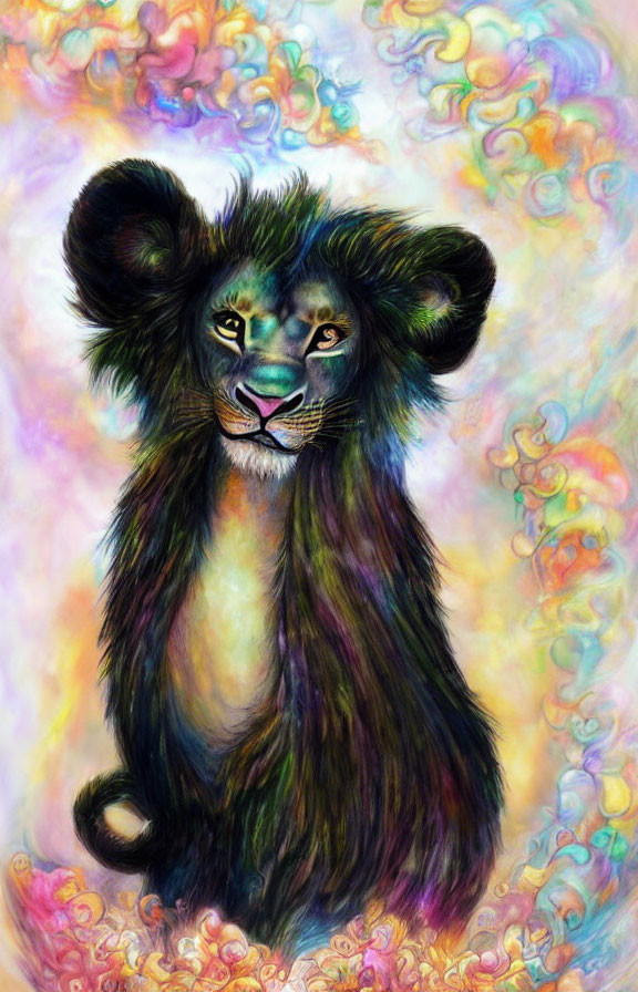 Vibrant lion illustration with multicolored mane on swirling pastel backdrop