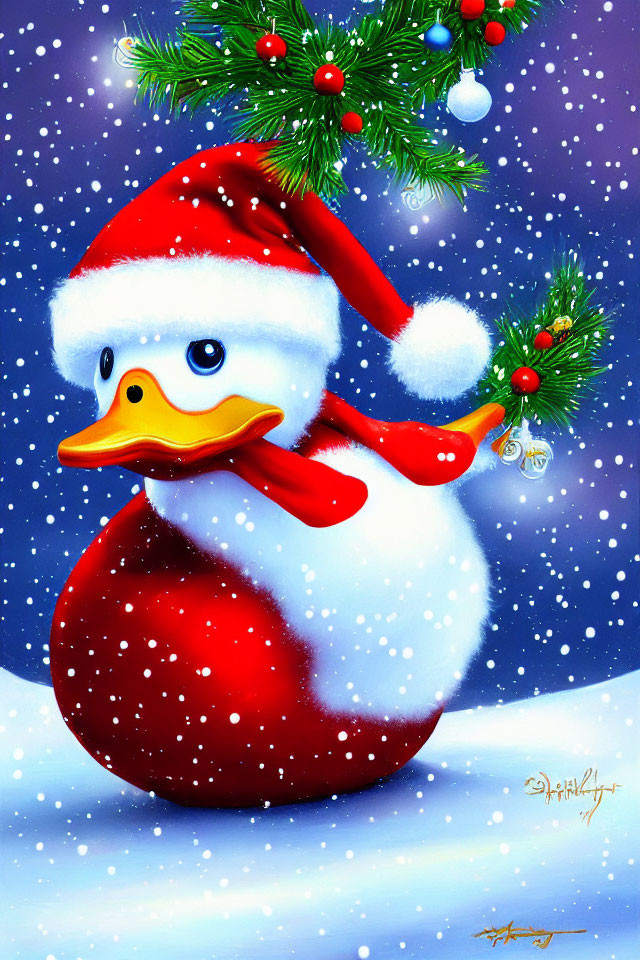 Cheerful snowman duck illustration with Santa hat and scarf