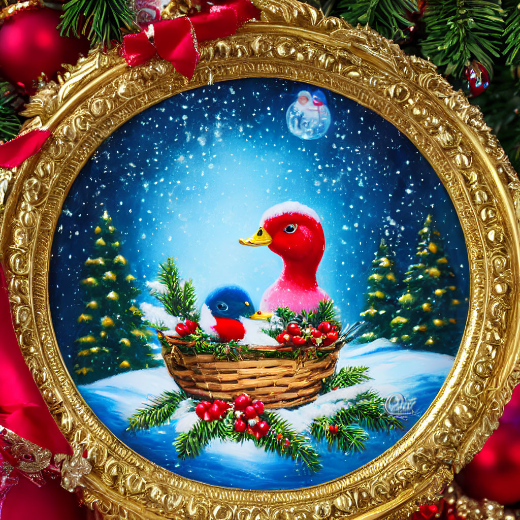 Golden frame with red and blue bird in wicker basket, snowy fir trees.