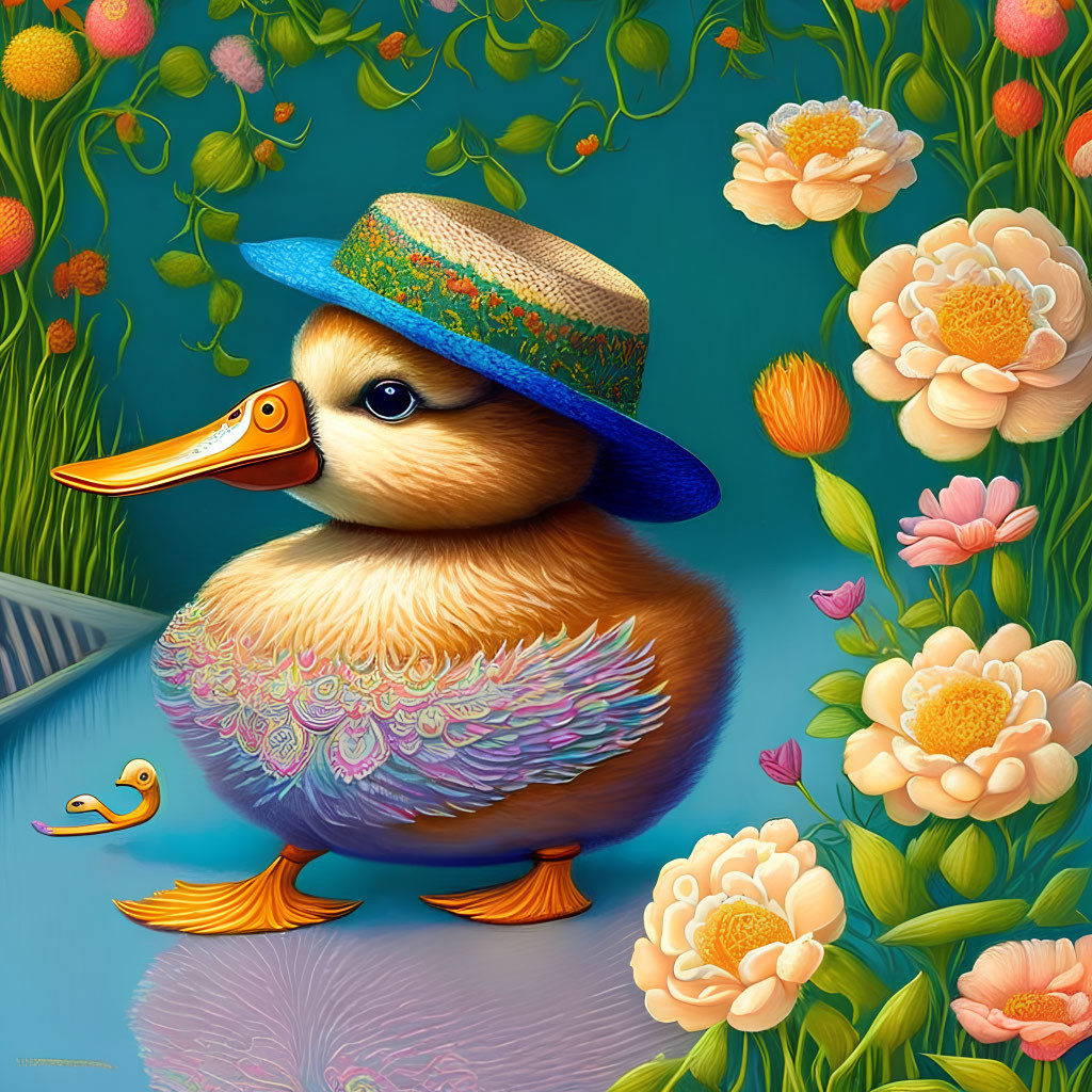 Colorful Duck Illustration with Straw Hat Surrounded by Flowers and Rubber Duck