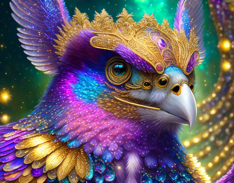 Colorful illustration of majestic bird with golden headgear and iridescent feathers