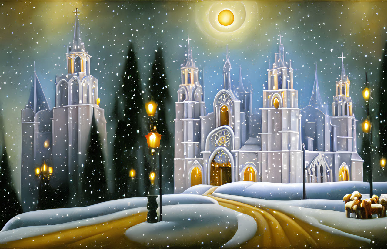 Illuminated winter castle scene with snow-covered trees