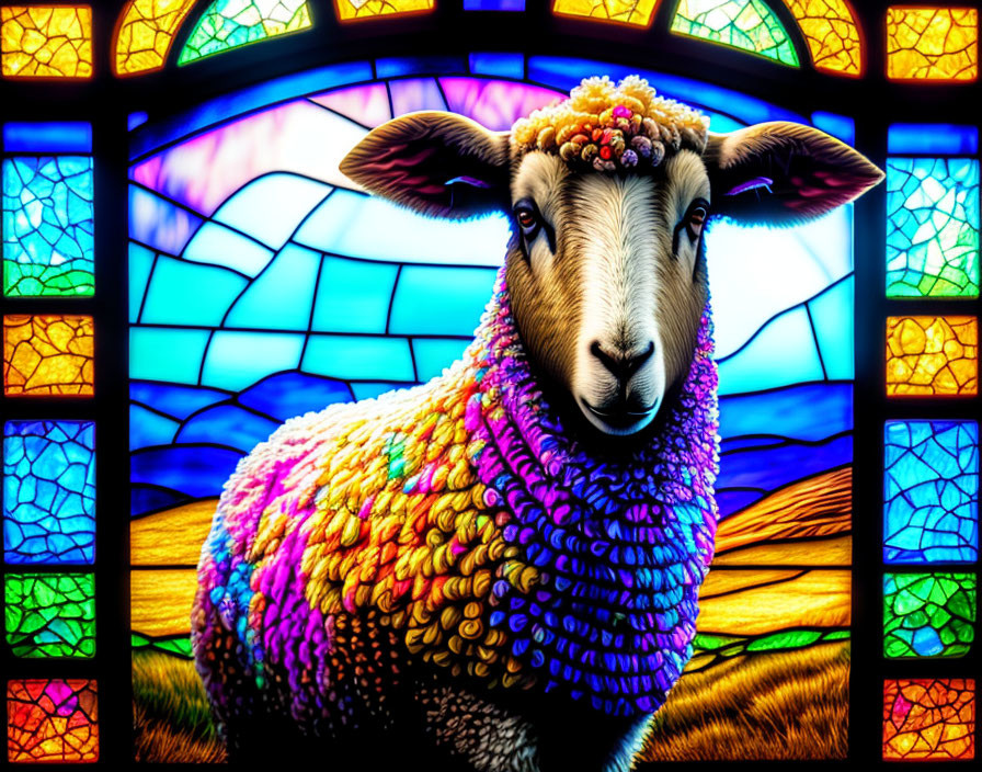 Vibrant stained glass window of a colorful sheep against a blue sky